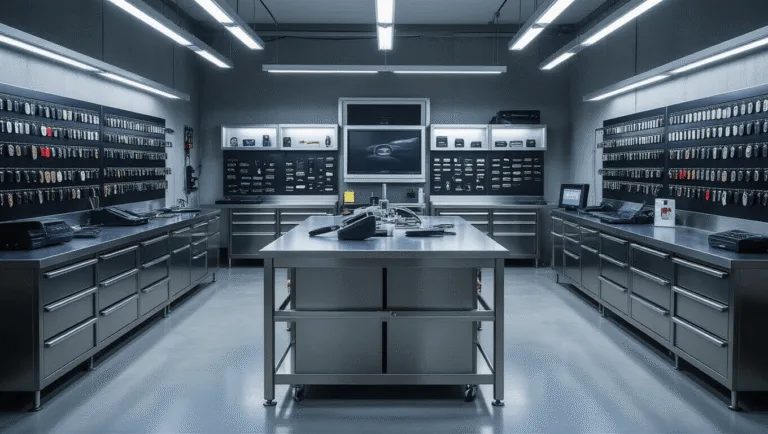 Een moderne autosleutel programmeerwerkplaats met een L-vormige roestvrijstalen werkbank, uitgerust met geavanceerde diagnostische apparaten en sleutelprogrammeerstations. Het interieur heeft een industrieel-chique uitstraling met gepolijste betonvloeren, verlichte werkruimtes en een assortiment sleutelblanks en fobs in vitrinekasten. Een OBD-II-scanner is verbonden met een autosleutel, terwijl microchips en elektronische componenten netjes zijn georganiseerd.