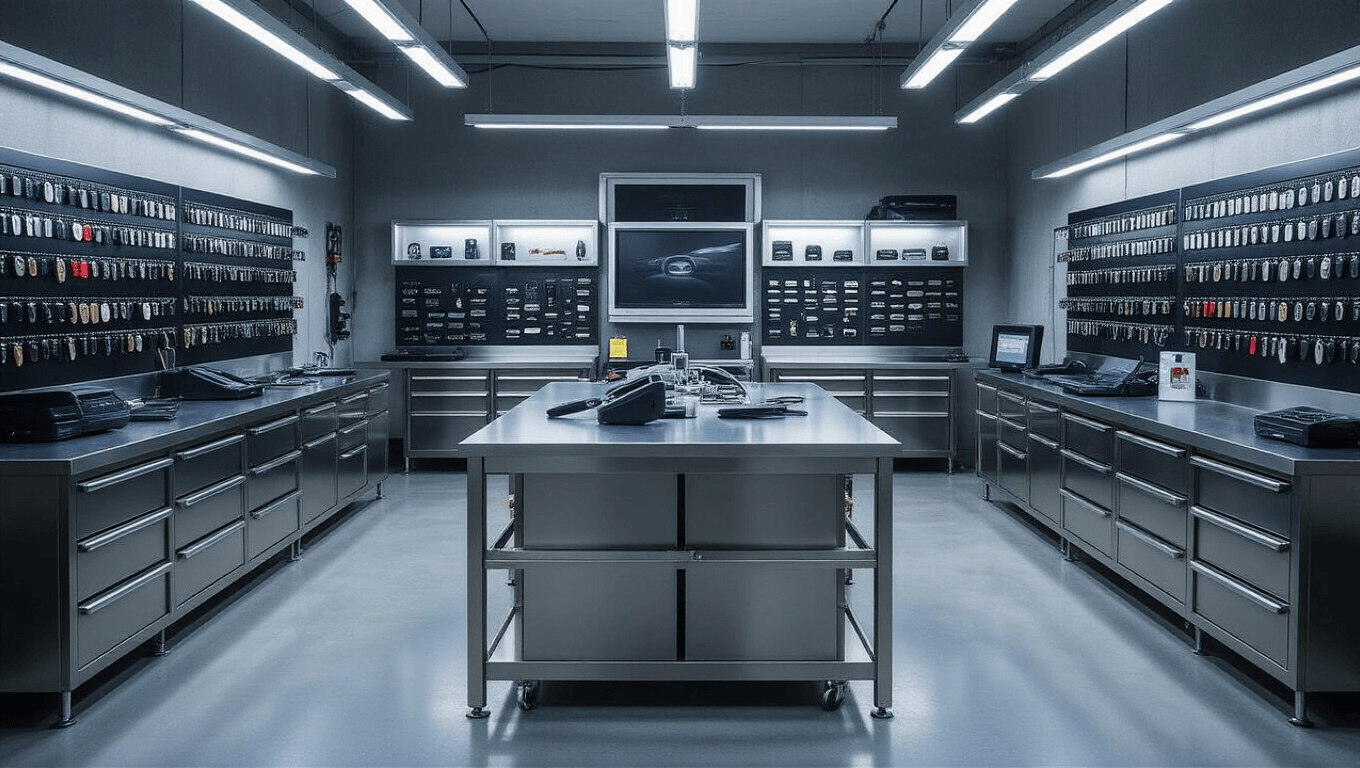 Sleutel Programmeren: Alles Wat Je Moet Weten Fotorealistische afbeelding van een moderne sleutelprogrammeerkamer met industriële esthetiek, waarin een solide eiken werkbank centraal staat, verlicht door hanglampen.