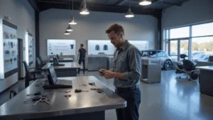 Fotorealistisch interieur van een moderne sleutelservice werkplaats met industriële ontwerp elementen, inclusief een grote glazen winkelruit en een strak roestvrijstalen werkbank met een geavanceerd sleutelprogrammeer apparaat. Verlichte displays met verschillende lege sleutels en gespecialiseerde gereedschappen, terwijl een technicus in uniform een autosleutel onderzoekt. Koele grijstinten, zilver en subtiele blauwe accenten domineren de kleurpalet.