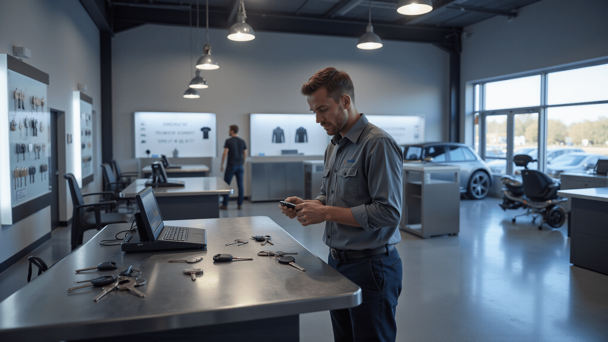 Autosleutel Dupliceren: Alles Wat Je Moet Weten Fotorealistisch interieur van een moderne sleutelservice werkplaats met industriële ontwerp elementen, inclusief een grote glazen winkelruit en een strak roestvrijstalen werkbank met een geavanceerd sleutelprogrammeer apparaat. Verlichte displays met verschillende lege sleutels en gespecialiseerde gereedschappen, terwijl een technicus in uniform een autosleutel onderzoekt. Koele grijstinten, zilver en subtiele blauwe accenten domineren de kleurpalet.