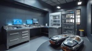 Hyperrealistisch beeld van een professionele autosleutelwerkplaats voor Peugeot 107-transpondersleutels, met een futuristische programmeerstation, holografische displays, en een roestvrijstalen L-vormige werkbank, omgeven door industriële verlichting en natuurlijk daglicht.