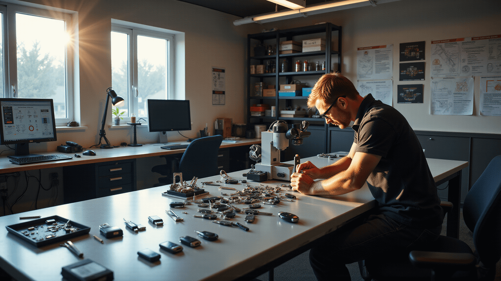Professionele aut sleutel reparatieworkshop met georganiseerde werkplek, gespecialiseerde gereedschappen, moderne technologie en een specialist die een sleutel onder een microscoop onderzoekt.