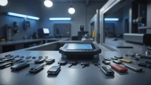 Fotorealistisch beeld van een gespecialiseerde autosleutel programmeringsstation met een moderne console, omgeven door een geordende reeks autosleutels en transponderchips. Verlichting door coole LED-spots die een professionele sfeer creëren, met op de achtergrond vervaagde contouren van sleutel-snijmachines en diagnostische tools.