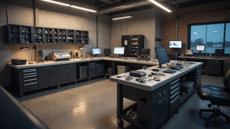 Hyperrealistische afbeelding van een moderne sleutelprogrammeert workshop met een grote roestvrijstalen werkbank, transponder sleutels, programmeerapparatuur en diagnosecomputers, omgeven door georganiseerde kasten en computerschermen, met op de voorgrond handen die aan een transponder sleutel werken.