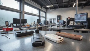 Gedetailleerde afbeelding van het vervangen van een Volvo transponder sleutelbehuizing op een opgeruimde werkbank, met verschillende sleutelbehuizingen in diverse kleuren en materialen, en een gedeeltelijk gedemonteerde sleutel van een Volvo S90 in het midden.
