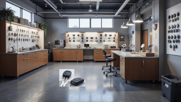 Een hyperrealistisch beeld van een moderne Volvo sleutelwerkplaats met een L-vormige roestvrijstalen werkbank, precisietools, een sleutel snijmachine en diagnostische apparatuur. Glass displaykasten met verschillende Volvo transponder sleutels en sleutel fobs, verlicht door overhead LED-verlichting, terwijl natuurlijk licht door hoge ramen naar binnen valt. Op de voorgrond wordt een close-up van een Volvo V60 smart key onder een vergrotende lamp onderzocht.