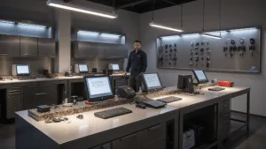 Fotorealistisch beeld van een moderne Volkswagen autosleutelreparatiewerkplaats met een L-vormige roestvrijstalen werkbank, VW-sleutelhangers, programmeertools en diagnostische computers, verlicht door LED-lampen.