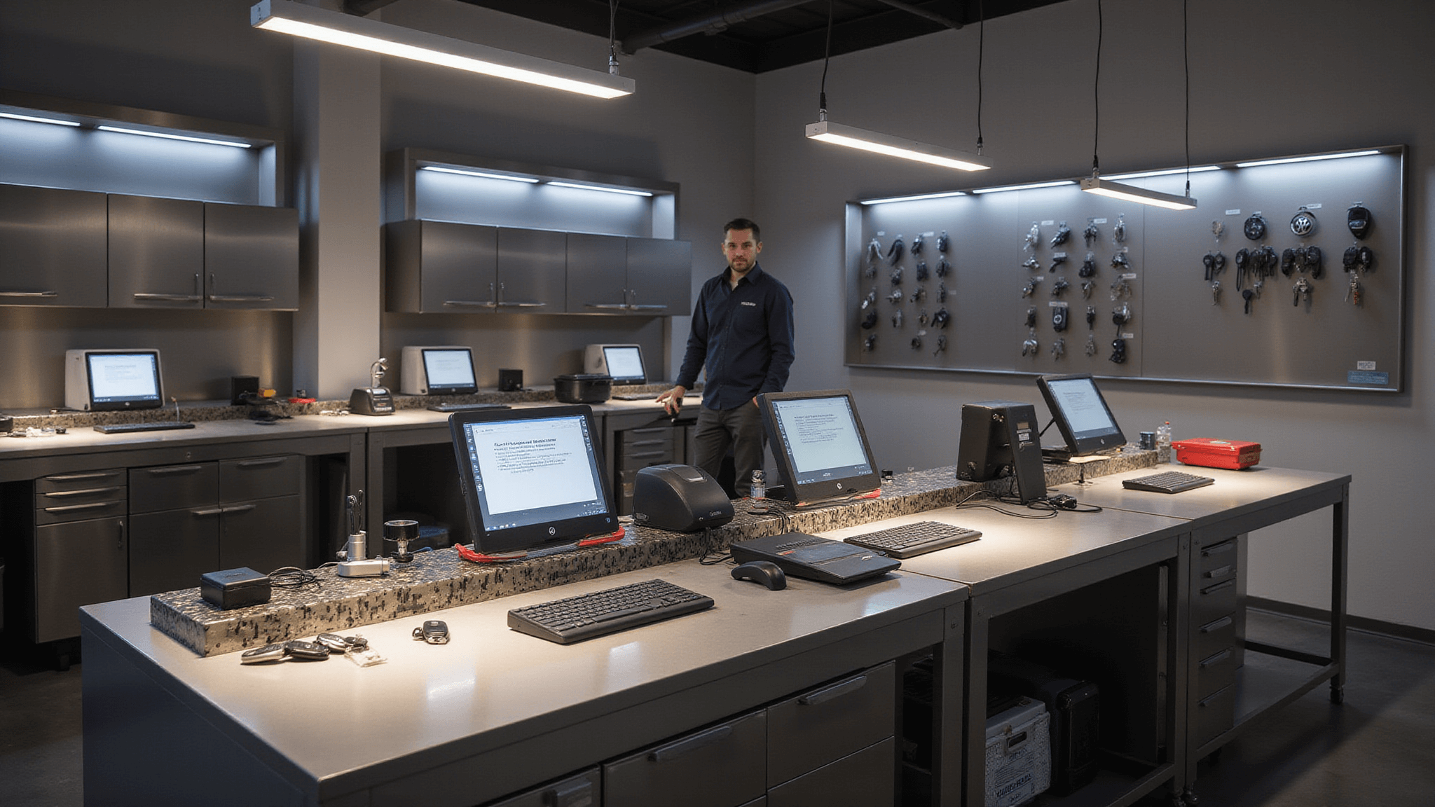Volkswagen Autosleutel: Jouw Complete Gids voor Techniek en Onderhoud Fotorealistisch beeld van een moderne Volkswagen autosleutelreparatiewerkplaats met een L-vormige roestvrijstalen werkbank, VW-sleutelhangers, programmeertools en diagnostische computers, verlicht door LED-lampen.