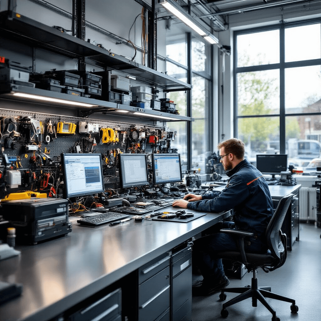 Moderne autosleutelwerkplaats met L-vormige RVS werkbank, daglicht van noordzijde, technicus met autosleutels en programmeringstools, blauwe en witte LED-verlichting, close-up opname.