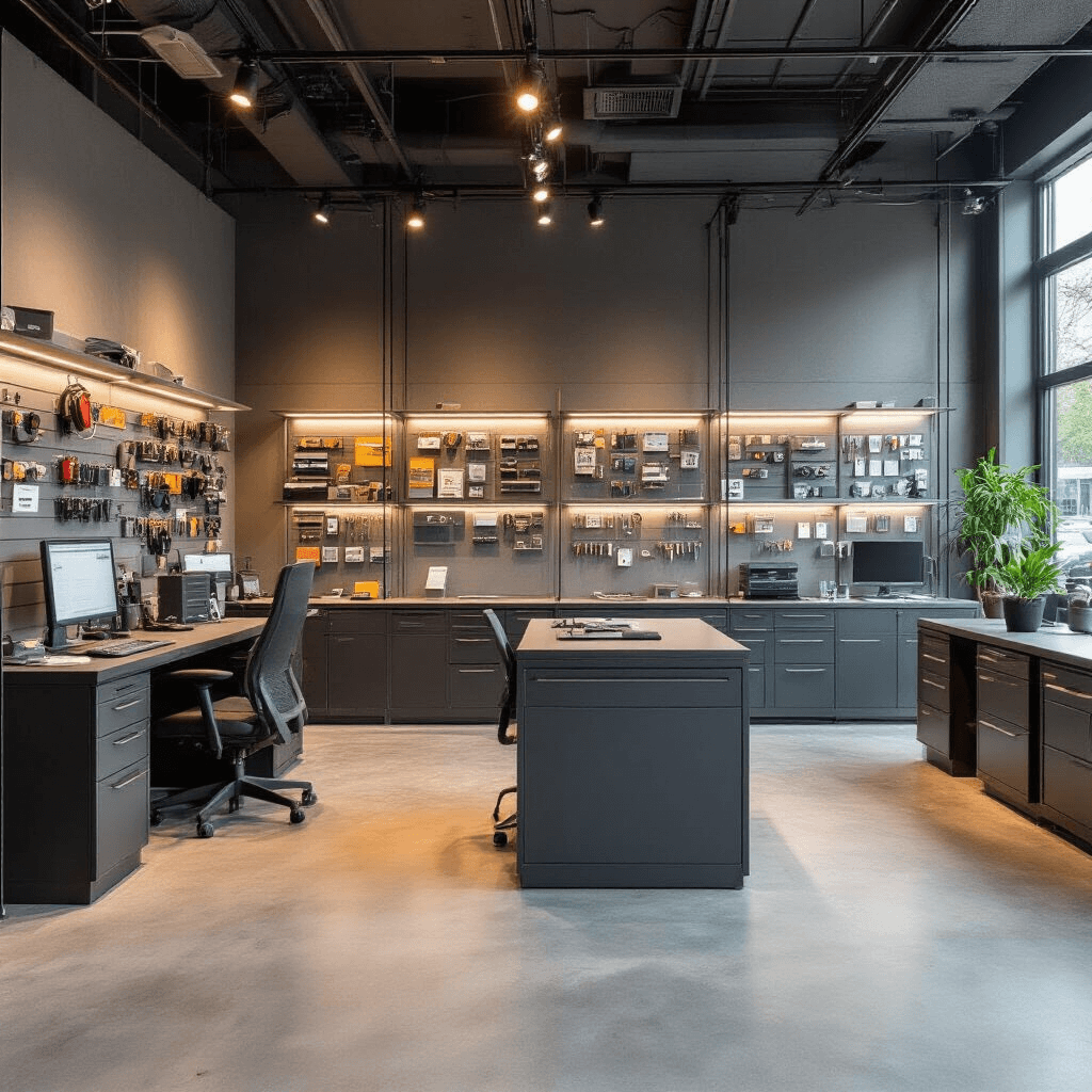 Moderne sleutelservice showroom met industrieel interieur, centrale eiland-werkstation met glazen displays van autosleutels, diagnostische hoek met computers, warme verlichting en georganiseerde technische handleidingen.