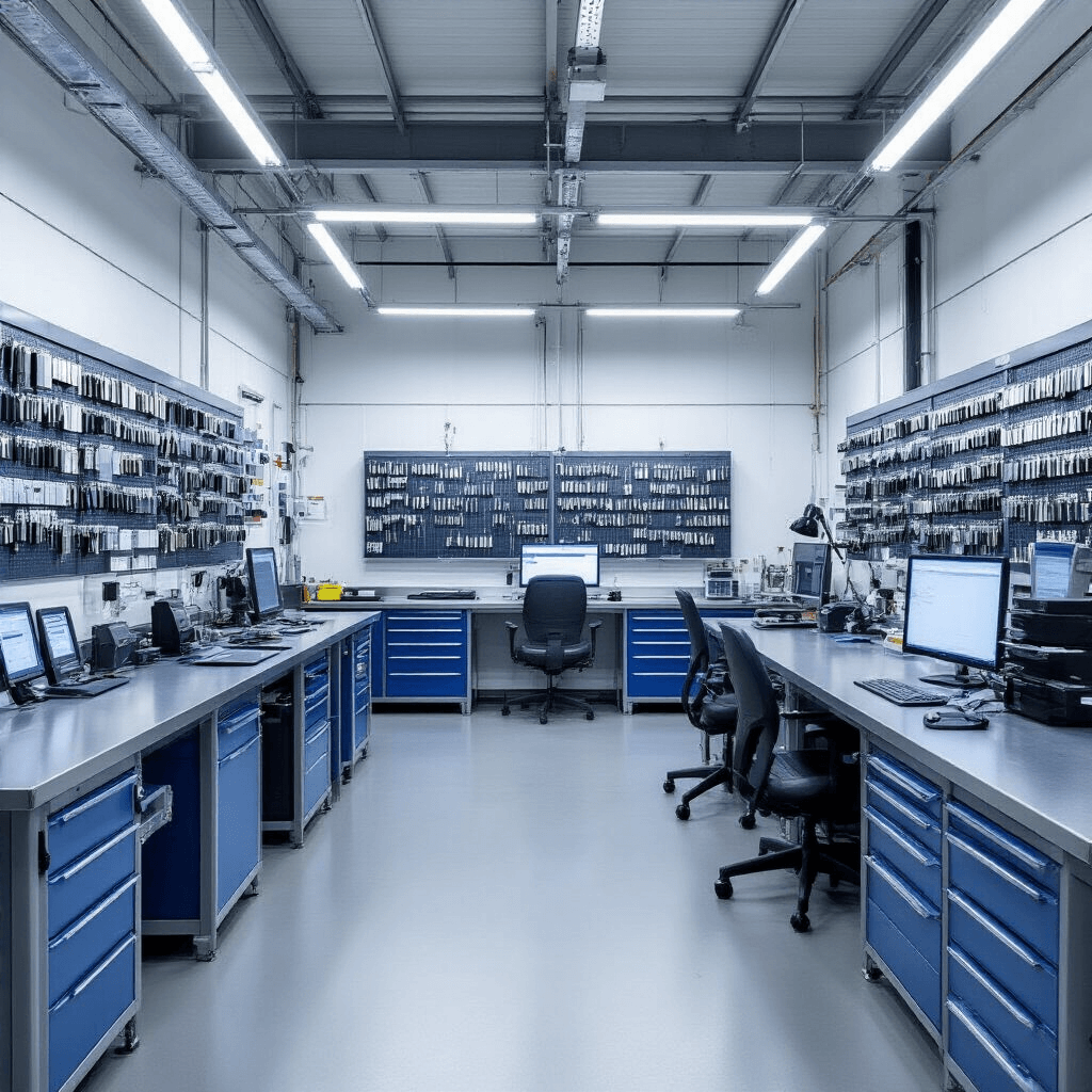 Moderne autosleutelwerkplaats met L-vormige RVS werkbank, digitale tools links, transparante displays rechts en opengewerkte autosleutel onder loeplamp, verlicht door natuurlijk licht en LED-spots.