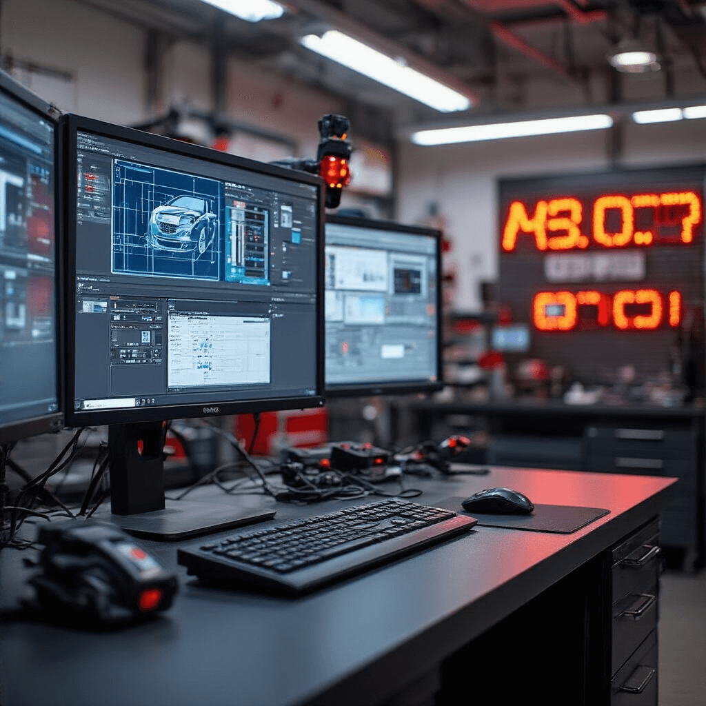 Close-up van een diagnostische werkplek in een sleutelservicebedrijf met een computergestuurde programmeertafel, meerdere schermen met technische schema's, een verlicht presentatiesysteem aan de muur en warme LED-verlichting.