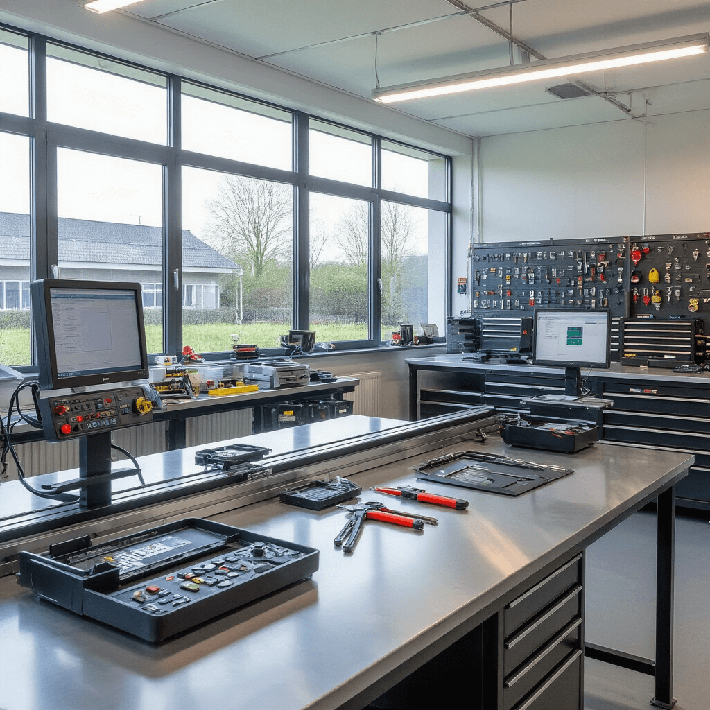 Moderne autosleutelwerkplaats met industriële uitstraling, verlichte RVS werkbank, geavanceerde apparatuur, ochtendlicht door hoge ramen, wandkasten met sleutelprofielen en vitrines met transponderchips.