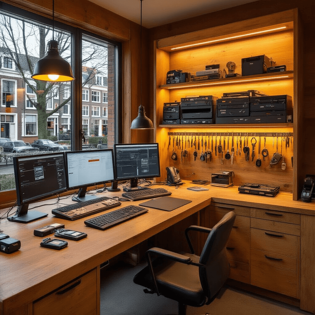 Intieme sleutelservicebalie met warme uitstraling, centrale diagnoseterminal en vintage sleutelracks in een ruimte van 25m², verlicht door middagzon en halogeenverlichting.