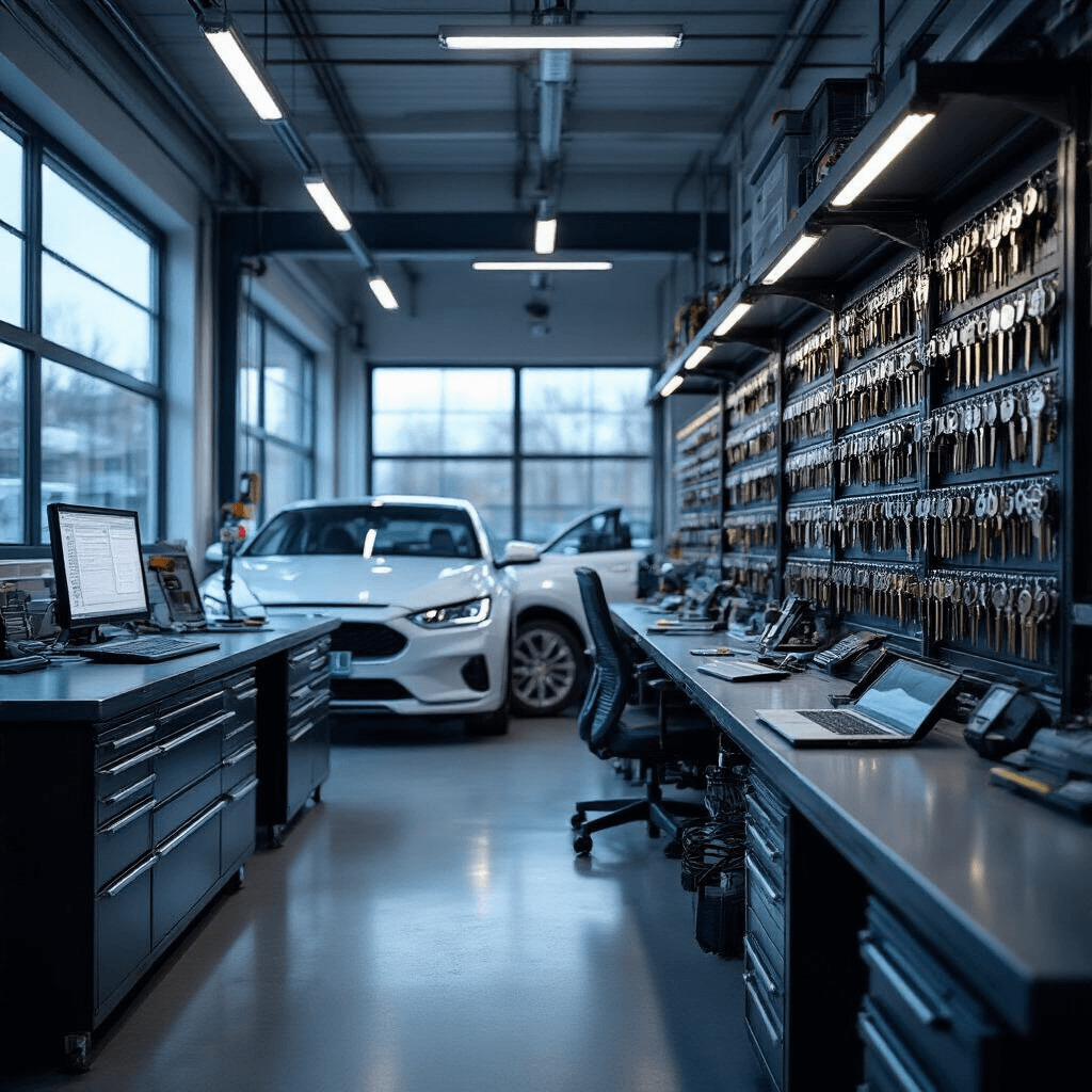 Moderne autosleutelwerkplaats met centrale werkbank van geborsteld RVS en OBD-programmeerapparaat, omringd door precisie-sleutelmachines en een wandrek met blanco sleutels, verlicht door hoogstaande ramen en LED-strips.
