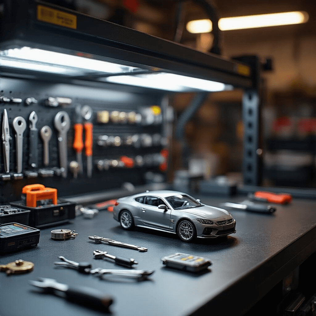 Close-up van een gespecialiseerde autosleutelwerkplek met een opengewerkte autosleutel, precisie-gereedschap en een verlichte vitrinekast met verschillende autosleutels, gefotografeerd op ooghoogte met focus op de sleutelelectronica.