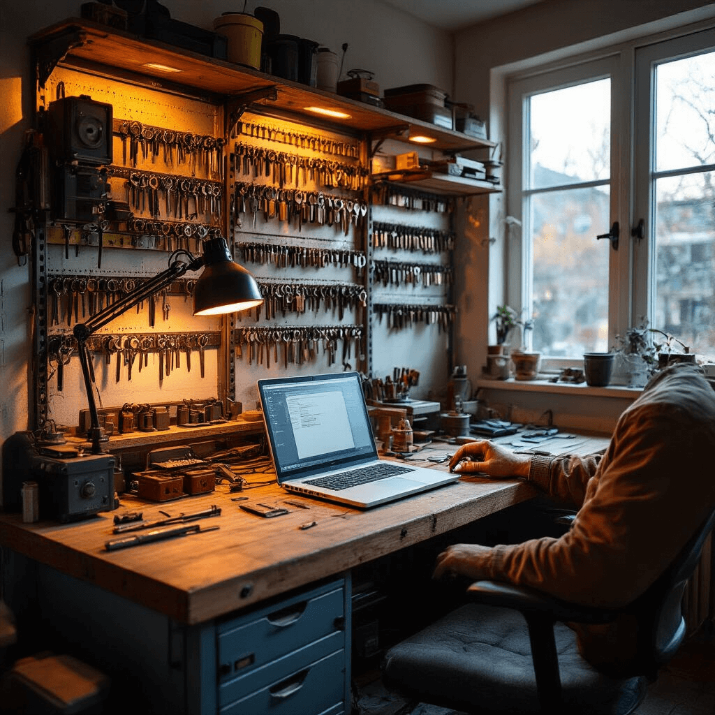 Intieme sleutelserviceruimte met vintage werkbank en moderne apparatuur, gevuld met precisiegereedschap en gelabelde sleutelvormen. Warm LED-licht en blauwig ochtendlicht door ramen creëren een sfeervolle ambiance. Macroshot van een werkplek met opengewerkte autosleutel, diagnostische laptop en microtoolset, vergezeld van technische handleidingen en meetapparatuur. Kleurenpalet van warm hout, industrieel antraciet en koper.