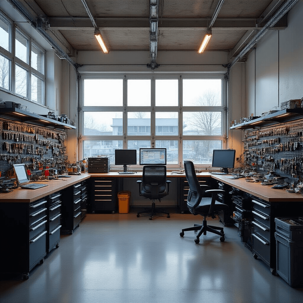 Professionele autosleutelwerkplaats met moderne diagnosecomputer, L-vormige RVS werkbank, wandkasten vol sleutelprofielen en digitale programmeerapparatuur, verlicht door warme LED-verlichting, met een kleurenpalet van koele grijstinten, technisch blauw en aluminiumaccenten.