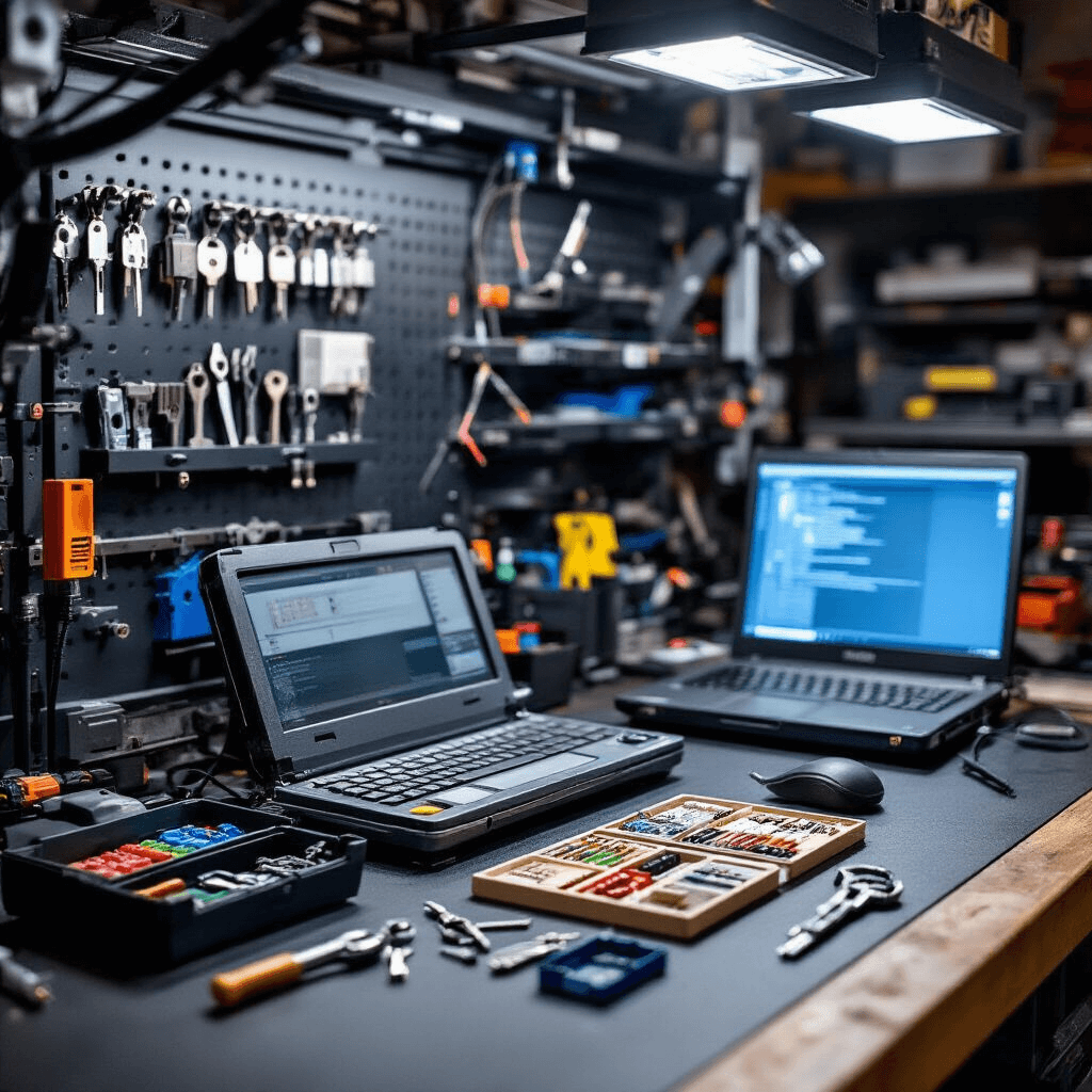 Intiem close-up van een sleuteltechnicus's werkstation met gerichte LED-verlichting, een donker composiet werkblad met sleutelfreesmachine, laptop en elektronische componenten, kleurgecodeerde organizers voor transponderchips en programmeermodules, en een matzwarte gereedschapswand met sleutelprogrammeertools. Dramatisch perspectief benadrukt technische details en sfeervolle contrasten tussen warme en blauwe verlichting.