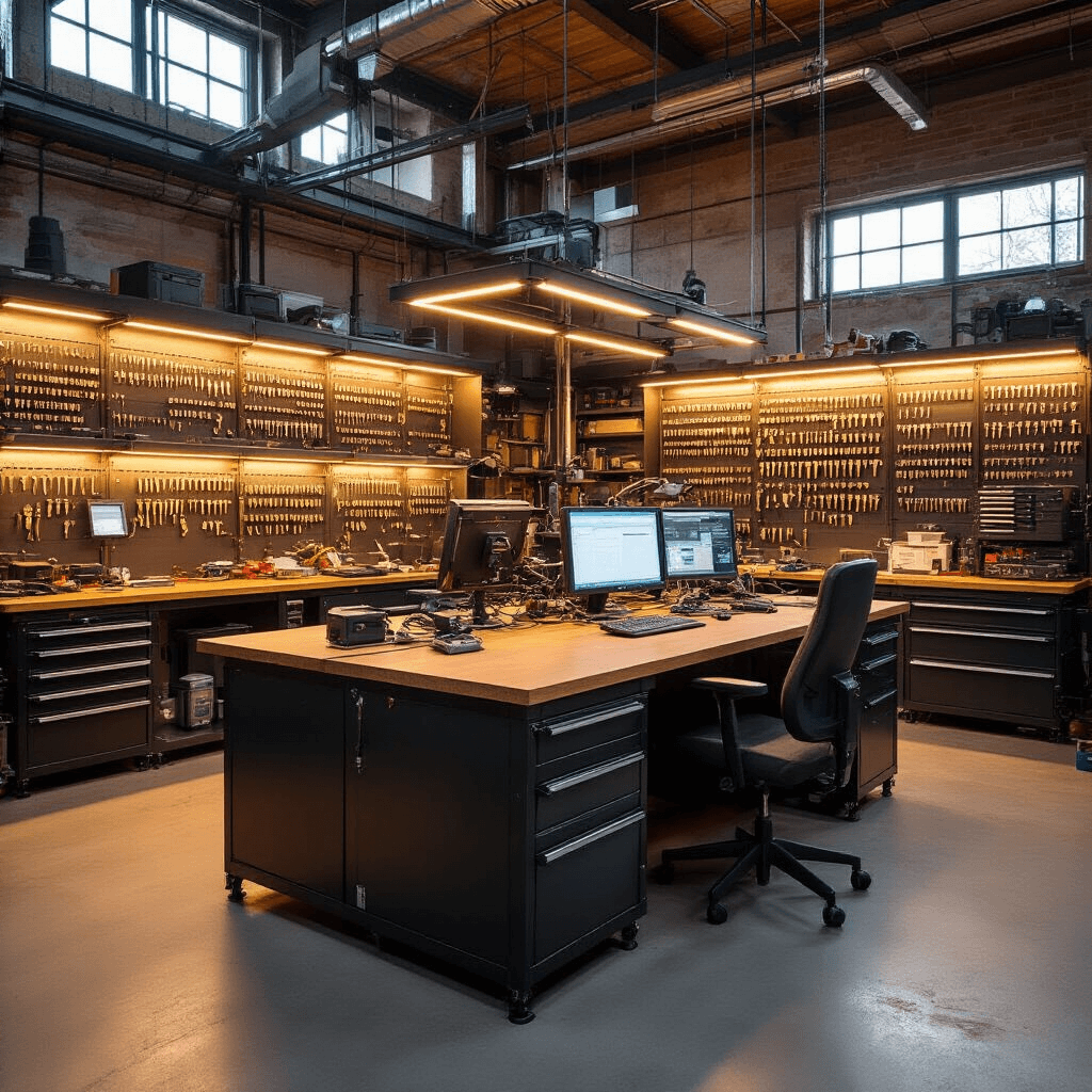 Moderne sleutelmakerswerkplaats met L-vormige RVS werkbank en hoogtechnologische apparatuur, omringd door gesorteerde sleutels, verlicht door warm licht en blauw LED-licht.