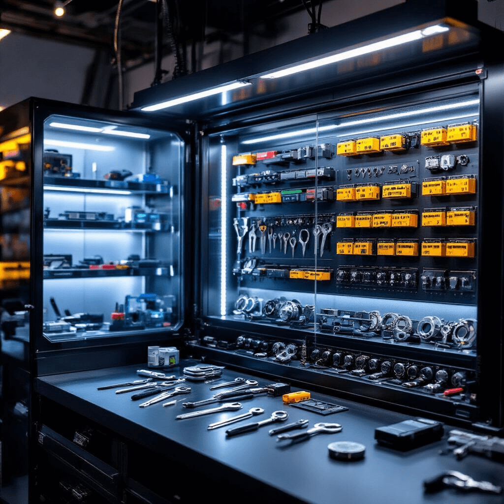 Intieme opname van een autosleutelservice met moderne digitale slijpmachine, glazen vitrinekasten vol autosleutels, kleurgecodeerde transponderchips op display, en matzwarte werkbladen met blauwe LED-strips. Dramatisch zijlicht en detail van opengewerkte sleutelbehuizingen en microscoop.