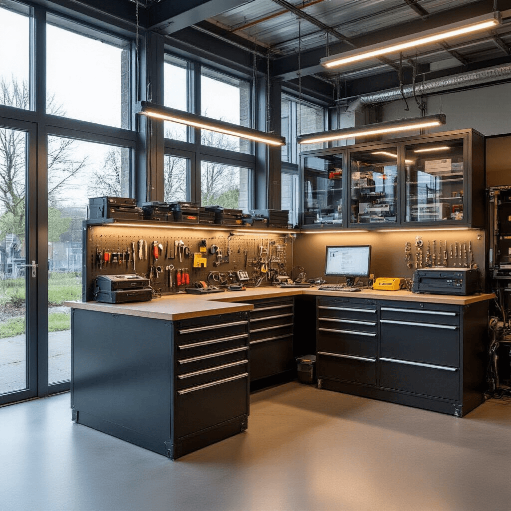 Moderne sleutelservice werkplaats met een L-vormige RVS werkbank, hoge ramen met ochtendlicht, diagnostische apparatuur, kleurgecodeerde kabels, glazen vitrinekasten met autosleutels, en industriële zwart-grijze kleurstelling met blauwe LED-accenten.