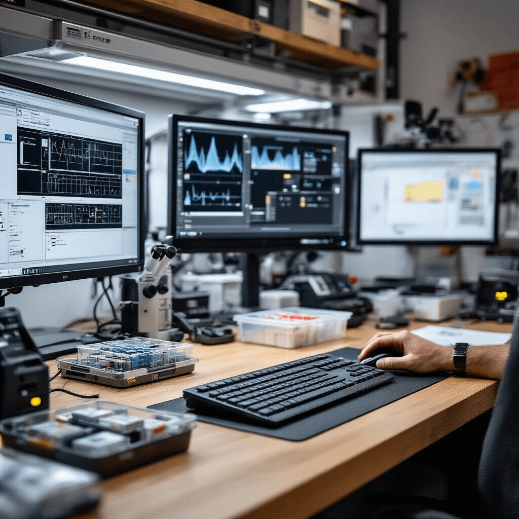Intieme close-up van een specialistisch werkstation met moderne apparatuur, verlicht door LED-armaturen, inclusief een computer met transponder-programmeersoftware, een microscoop en precisiegereedschap op een zwart microvezel mat, omringd door transparante sorteerbakjes met nieuwe transponderchips en sleutelbehuizingen.