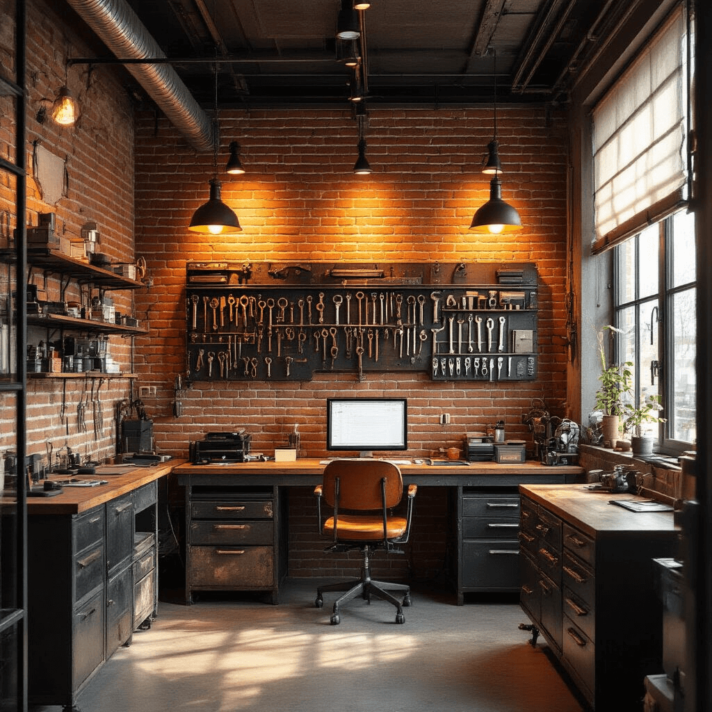 Verloren Autosleutel met Afstandsbediening: Wat Nu? Compacte sleutelservice met warme industriële sfeer, vintage houten werkbank en modern programmeerstation. Zonlicht door rolgordijnen op bakstenen muur met koperen sleutelvormen. Orde in lades met elektronische onderdelen. Dramatisch perspectief vanuit lage camerahoek.