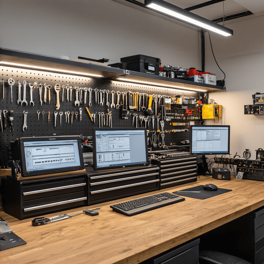 Autosleutels met Afstandsbediening: Alles Wat Je Moet Weten Intieme werkhoek in een professionele sleutelmakerij met custom-made donker eiken werkbank, moderne sleutelprogrammeersysteem, precisie-instrumenten op een magnetische toolwall, technische handleidingen en elektronische componenten. Warm houten en zwarte kleuren met titanium apparatuur.