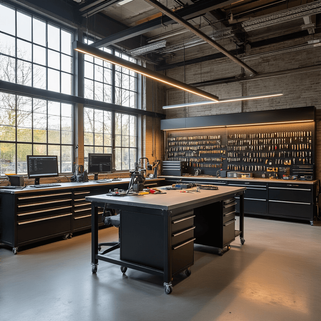Wat te doen als je autosleutel met afstandsbediening kwijt of kapot is? Moderne autosleutelwerkplaats met L-vormige RVS werkbank, diagnoseapparatuur, en gesorteerde autosleutels in industriële glazen ruimte.