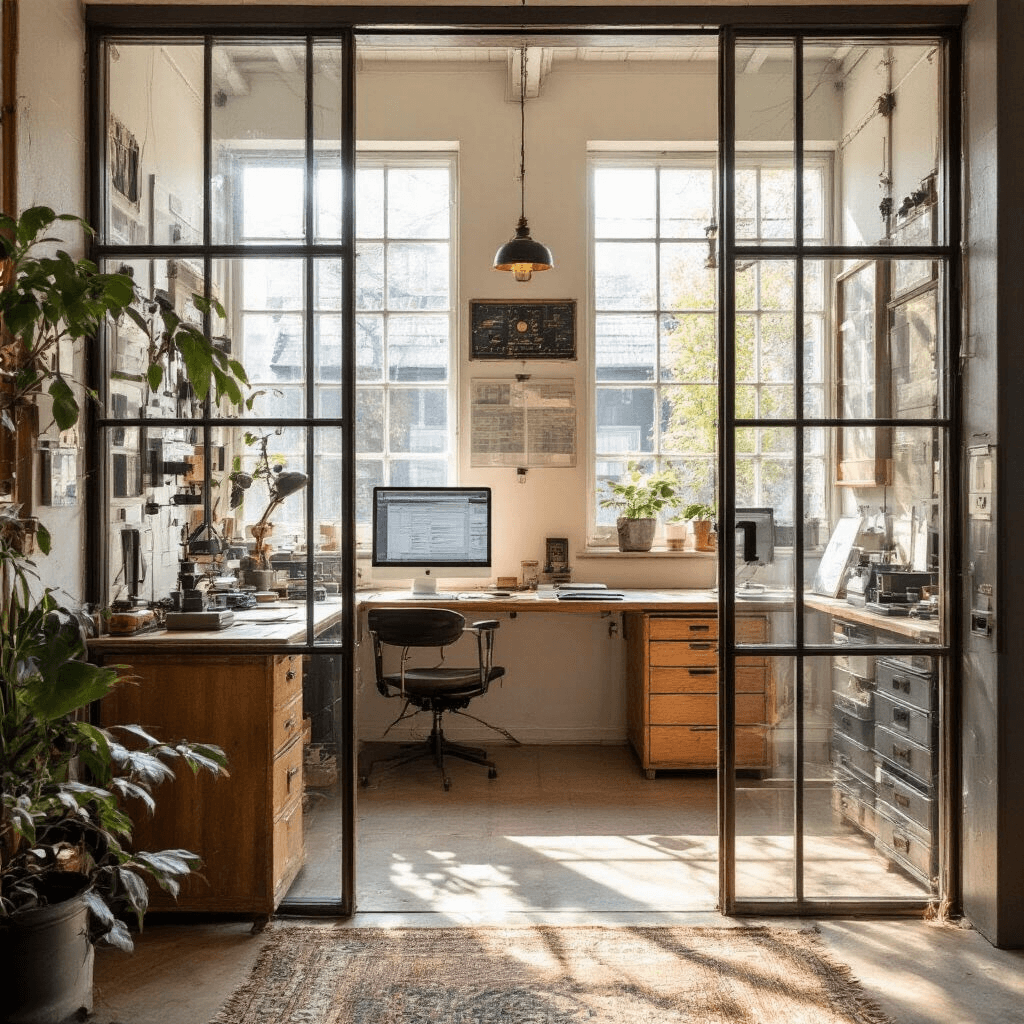 Wat te doen als je autosleutel met afstandsbediening kwijt of kapot is? Intieme sleutelserviceruimte met vintage houten werkbank en moderne technologie, verlicht door zonlicht door verticale lamellen; glazen vitrinekast met glimmende sleutelprofielen en modulaire wandopslag.