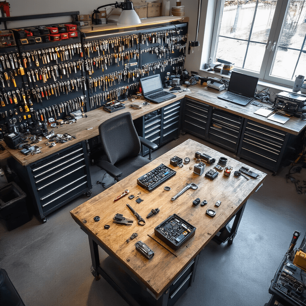 Intieme werkhoek in een autosleutelspecialist met een verweerde houten werkbank, modern diagnosesysteem en laptop, omgeven door een wandrek vol gesorteerde autosleutels en elektronische componenten, belicht door warme LED-spots.