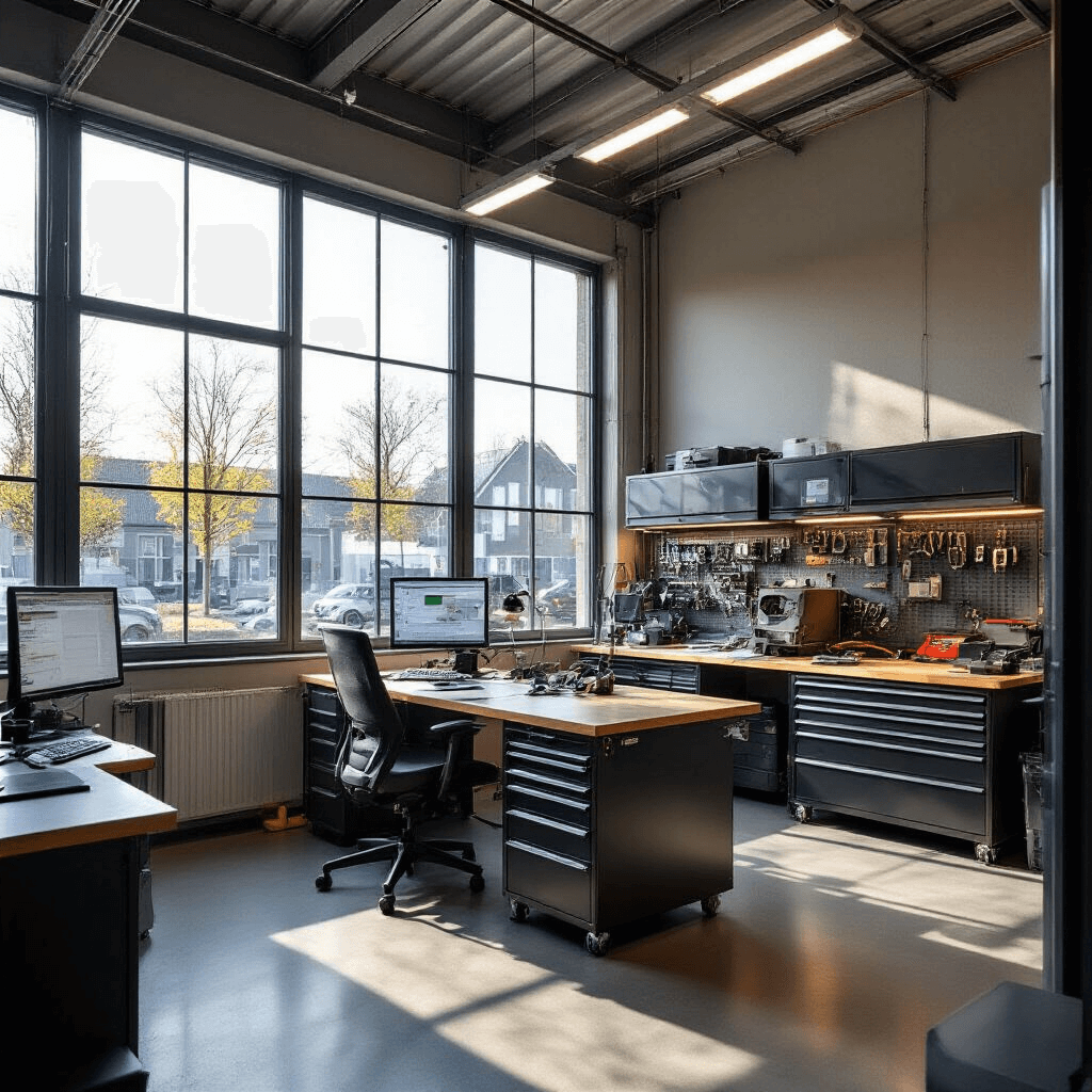 Interieur van een moderne autosleutelservice met hoge plafonds, een verlichte werkbank vol high-tech apparatuur in de ochtendzon, glanzende sleutelbehuizingen aan de wand en vitrinekasten met transponderchips.