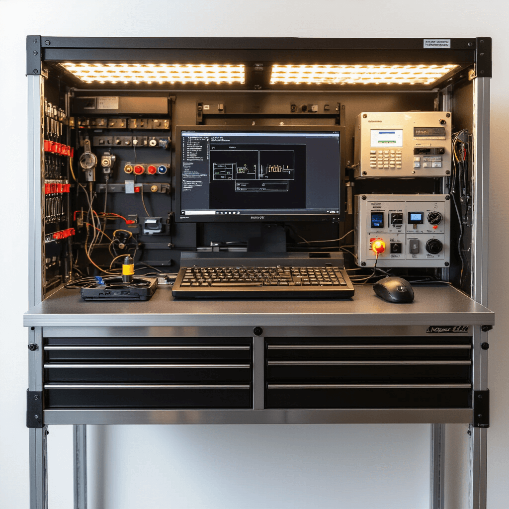 Close-up van een sleuteltechnicus werkplek met een geborsteld RVS werkstation, moderne diagnosecomputer, sleutelprogrammeerapparaat en precisie-gereedschap op magnetische wandpanelen, verlicht door warmmiddaglicht en LED-taakverlichting. Op de voorgrond ligt een opengewerkte autosleutelbehuizing met zichtbare elektronica.