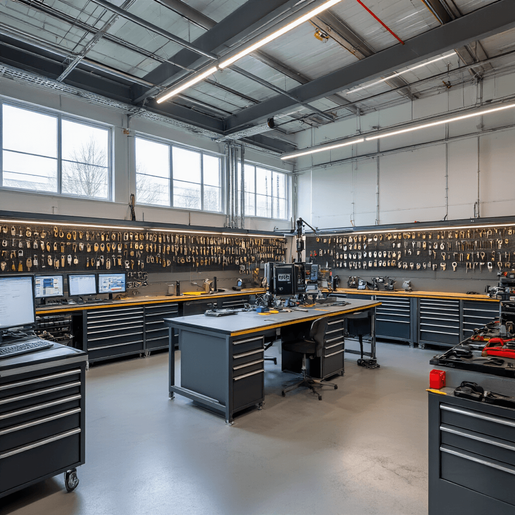 Moderne sleutelservice werkplaats met L-vormige werkbank, diagnostische apparatuur, grote ramen met ochtendlicht, en glazen vitrinekasten vol sleutels, inclusief computerstation en precisie-instrumenten.