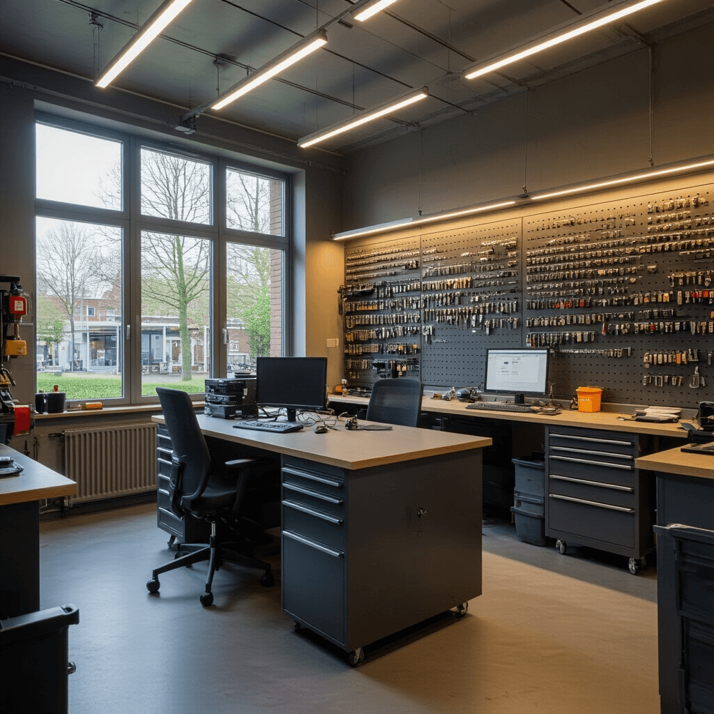 Moderne sleutelservice werkplaats met L-vormige RVS werkbank, LED-verlichting en high-tech apparatuur, georganiseerd met wandkasten en een computerstation, in een ruimte met veel natuurlijk licht.