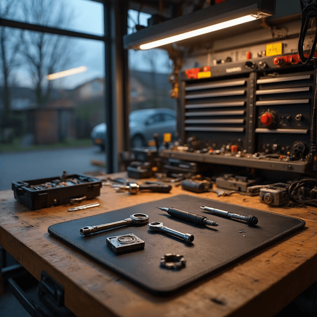Intieme technische werkhoek van een autosleutelspecialist met een massief houten werkblad en zwart lederen werkmat. Een geopende autosleutel ligt naast microsoldeerapparatuur, met een gedetailleerde close-up van chipvervanging. Achtergrond met kleurgecodeerde chipmodules en diagnostische apparatuur, sfeervol verlicht met spotlights.