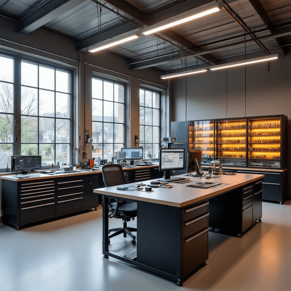 Moderne autosleutelwerkplaats met L-vormige RVS werkbank, hoog plafond, industrieel raam, high-tech apparatuur en glazen vitrinekasten vol sleutels, in koele grijstinten met blauwe LED-accenten.