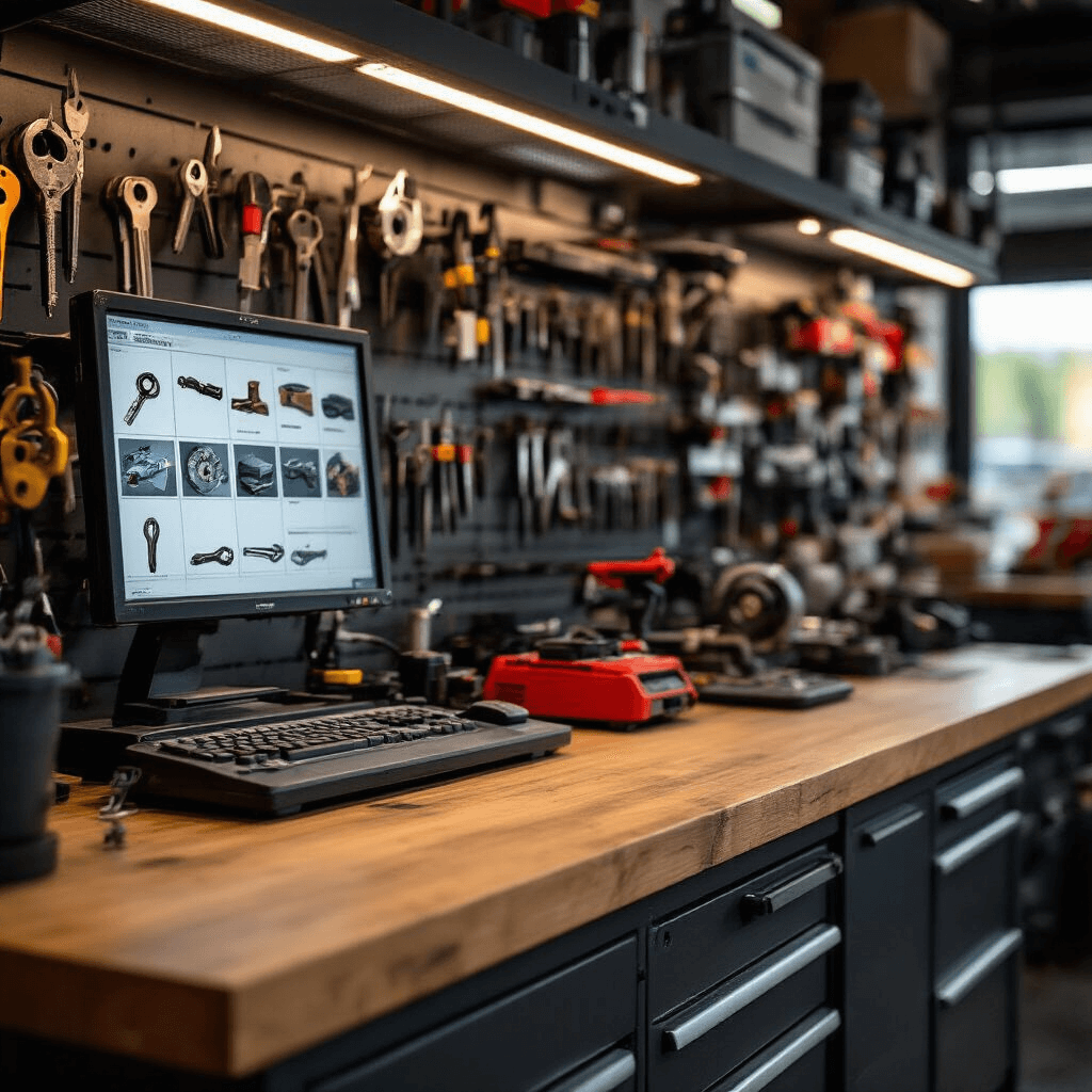 Close-up van een gespecialiseerde sleutelservicebalie met massief houten werkblad en zwart composiet toplaag, uitgerust met precisie-slijpmachines en programmeertools. Een backlit display toont autosleutelmodellen, omgeven door warm indirect LED-licht dat metalen gereedschapsrekken verlicht. Focus op een industriële centrale werkplek met sleuteltechnologie in titanium grijs en warmbruin hout.