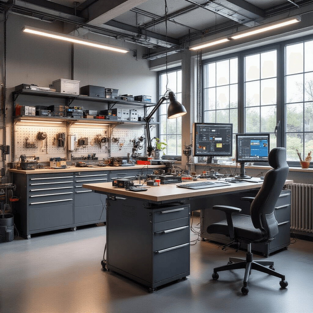 Interieur van een moderne autosleutelwerkplaats met een verlichte RVS werkbank, precisie-soldeerstation en digitale microscoop. Links georganiseerde lades met printplaten en rechts diagnostische apparatuur. Op de werkbank ligt een opengewerkte autosleutel met zichtbare printplaat onder fel licht, gefotografeerd op ooghoogte.