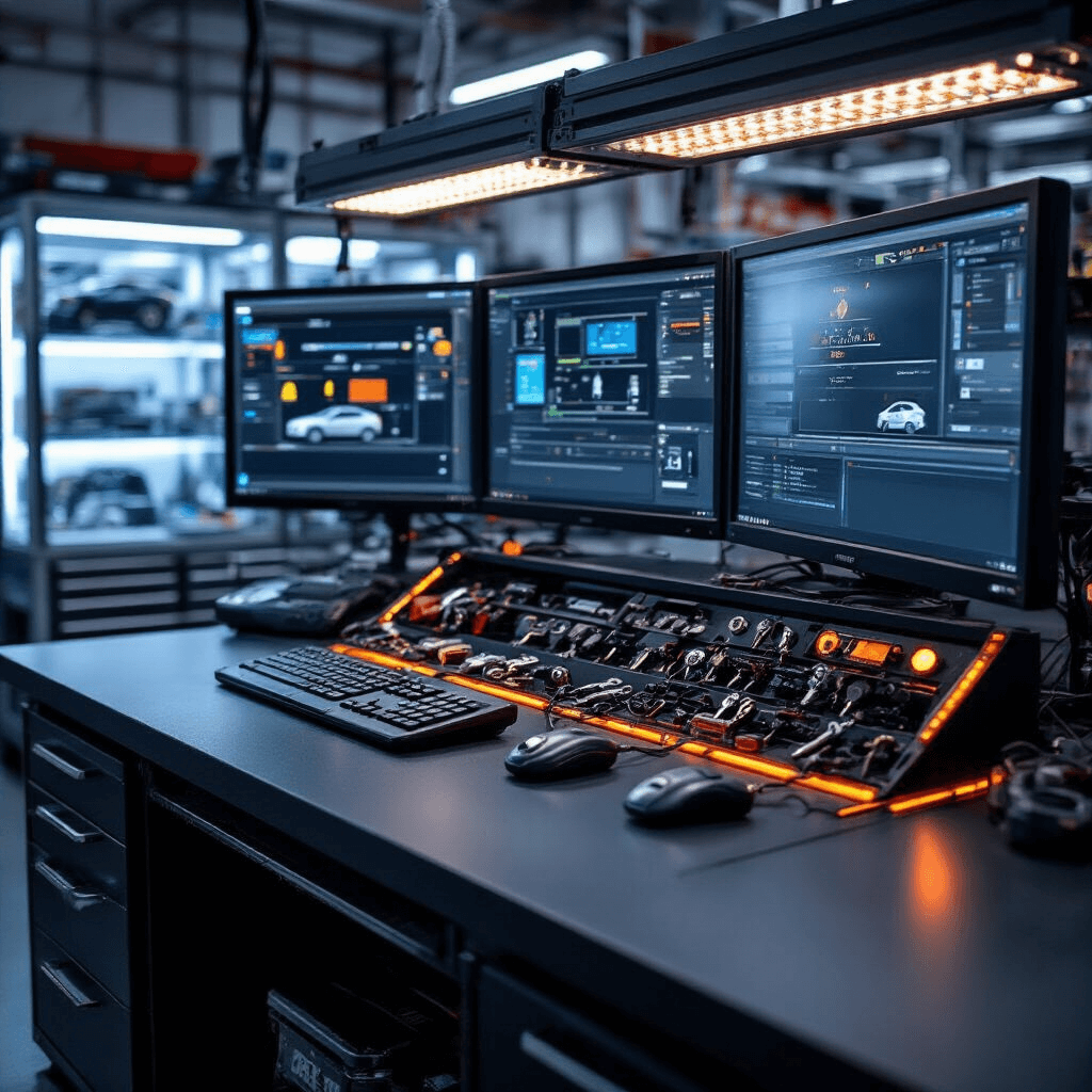Close-up van een modern sleutelprogrammeerstation in een professionele werkplaats, 's avonds verlicht door dimbare LED-strips, met diagnostische displays, een zwart composiet werkblad, geordende autosleutels en vitrinekasten met printplaten en chips.
