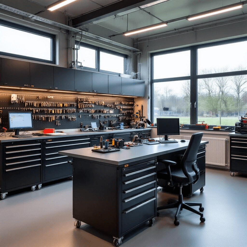 Moderne autosleutelwerkplaats met L-vormige RVS werkbank, transparante lades vol sleutelchips, diagnostische apparatuur, en ochtendlicht die een hightech sfeer creëren.