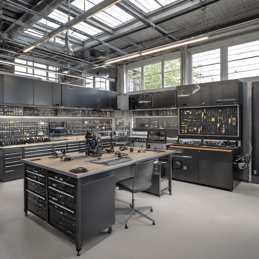 Moderne autosleutelwerkplaats met L-vormige RVS werkbank, diagnoseapparatuur, glazen vitrinekasten vol transpondersleutels en high-tech werkstation, verlicht door warme LED-spots.