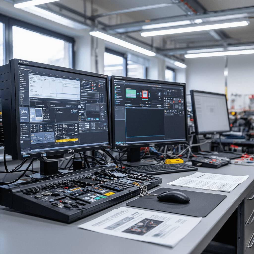 Close-up van een autosleutelprogrammeerstation in een technische ruimte met moderne apparatuur, titaniumgrijze gereedschapskasten, en georganiseerde displays van autosleutels. Verlicht door diffuus daglicht met een macro-lens, gericht op technische handleidingen en precisie-elektronica.