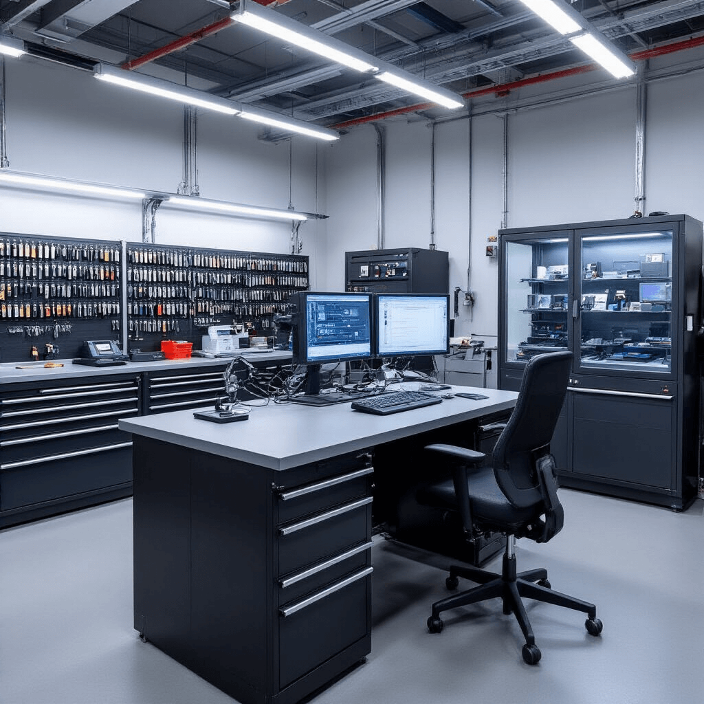 Moderne sleutelprogrammeerstation in een professionele werkplaats met industriële LED-verlichting, een diagnosecomputer op een ergonomische RVS werkbank, gesorteerde autosleutels en transponders in wandrek, glazen vitrinekast met nieuwste sleutelmodellen, en een geavanceerd programmeerapparaat met blauw LCD-scherm, sfeervolle ochtendschemering weerspiegelt op metalen oppervlakken.