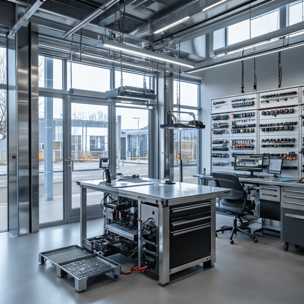 Fotorealistisch beeld van een moderne autosleutelwerkplaats met industriële uitstraling, inclusief grote glazen pui, glanzende RVS werkbanken, hightech programmeerapparaat met LED-display, georganiseerde sleutelblanco's, en professioneel verlichte werkstations in koele grijstinten en technisch blauw.