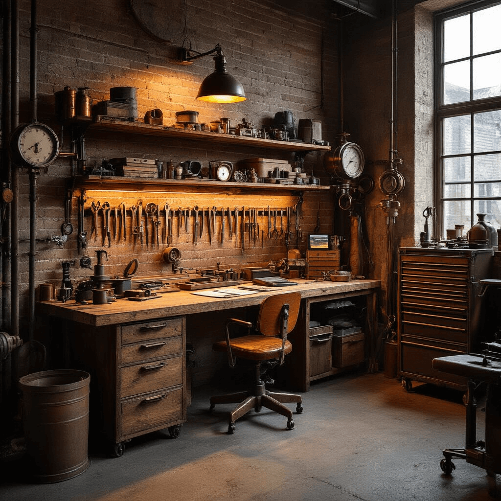 Intieme sleutelservicehoek met industriële sfeer, featuring een klassieke houten werkbank, moderne tools, glanzende koperen en bronzen sleutelmallen, vintage gereedschapskast en hightech meetapparatuur, alles in warme tinten van hout en metaal, vastgelegd in een dramatische avondopname.