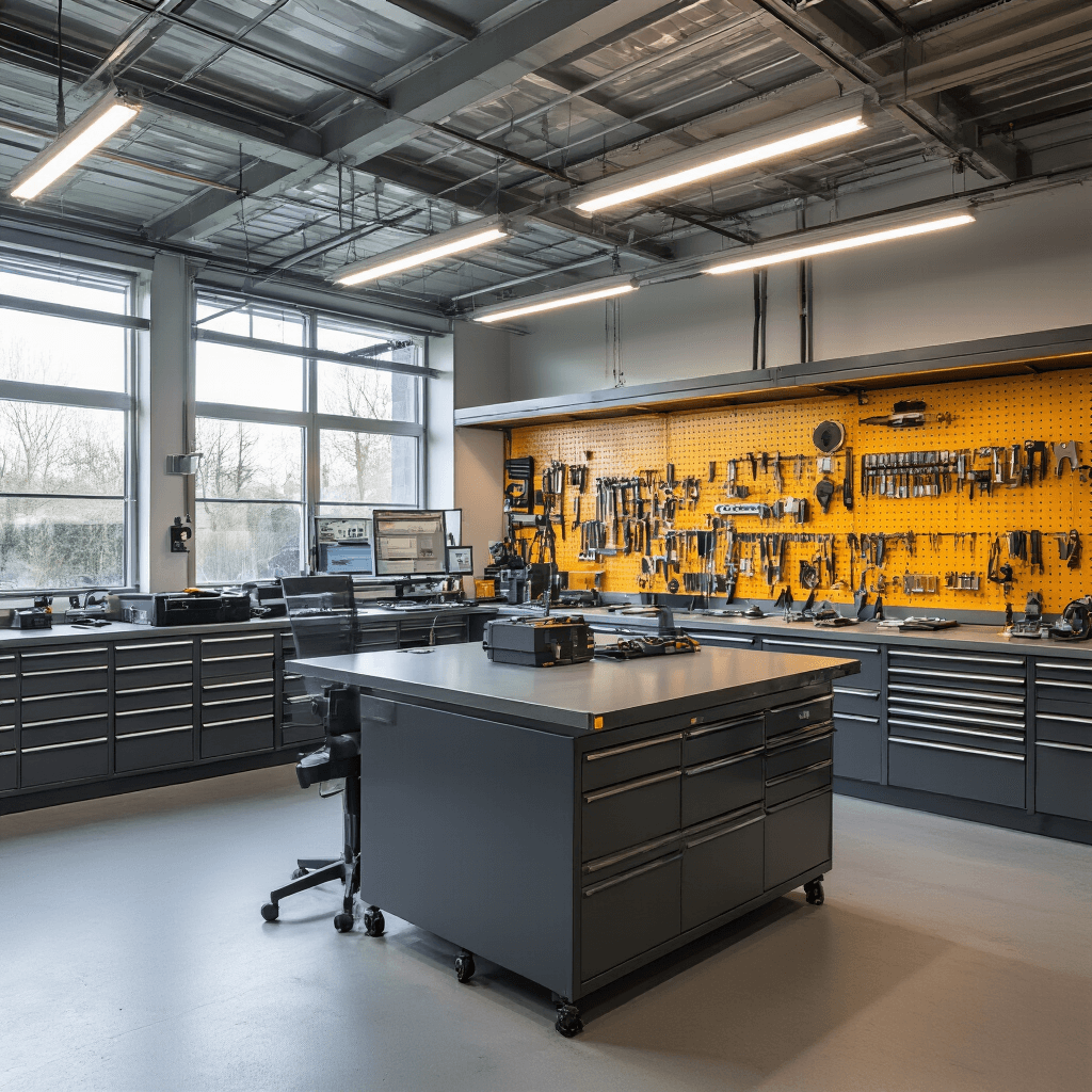 Moderne sleutelservice werkplaats met L-vormige RVS werkbank, high-tech apparatuur en georganiseerde gereedschapskasten. Ochtendzonlicht valt binnen, en op de werkbank ligt een gedemonteerde autosleutel naast professionele apparatuur.