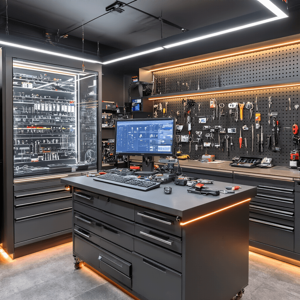 Interieur van een autosleutel-reparatieruimte met eilandwerkbank, microscoop en diagnostisch station, omgeven door glazen vitrinekasten en warm LED-verlichting.