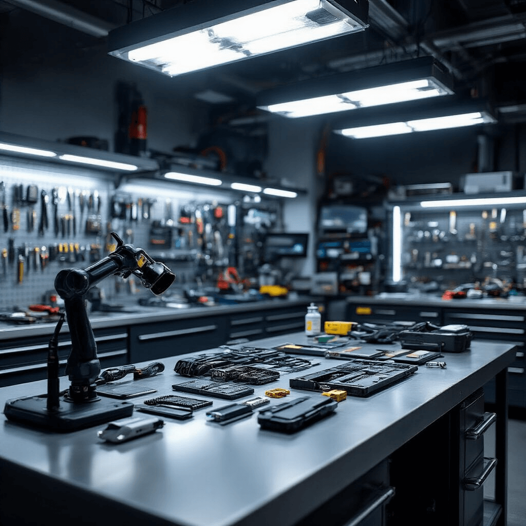 Moderne autosleutelwerkplaats met een L-vormige RVS werkbank, diagnostische apparatuur, opengewerkte autosleutel, microchips, gereedschapskasten in matzwart met rode accenten en koel industriële LED-verlichting.